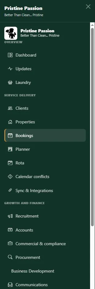 Pristine Passion portal: grouped management navigation